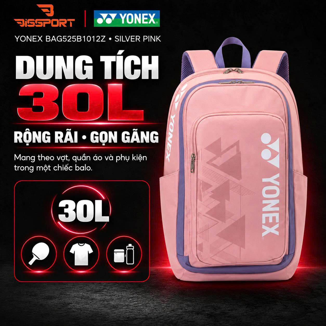 Balo Cầu Lông Yonex BAG525B1012Z SILVER PINK Chính Hãng - Tiện Dụng - Bền Bỉ - Chắc Chắn - Nhẹ - Đa Năng